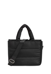 Borsa a tracolla nera trapuntata con manici imbottiti, una tracolla regolabile e una texture liscia. Presenta una chiusura superiore con zip.