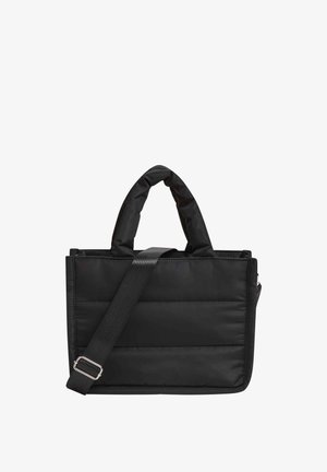 Borsa a tracolla nera trapuntata con manici imbottiti, una tracolla regolabile e una texture liscia. Presenta una chiusura superiore con zip.