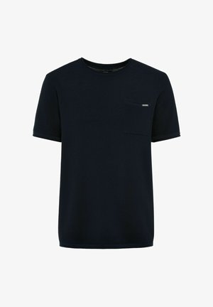 Granatowa, krótko rękawowa koszulka wykonana z teksturowanej tkaniny, z lewą kieszonką na piersi oraz okrągłym dekoltem z kontrastowym wykończeniem.