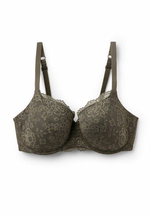 Soutien-gorge à armatures en dentelle vert olive avec bretelles réglables et motif floral sur les bonnets sur fond blanc.