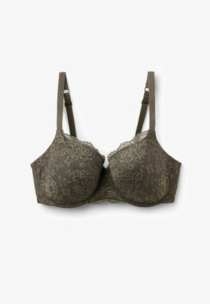 Soutien-gorge à armatures en dentelle vert olive avec bretelles réglables et motif floral sur les bonnets sur fond blanc.