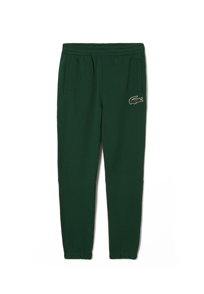 Zelené tepláky s elastickým pasem, dvěma bočními kapsami a vyšívaným logem krokodýla na levé straně. Měkká textilie.