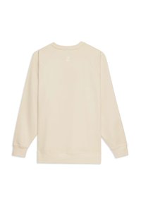 Sweatshirt beige à manches longues, col rond, et poignets côtelés. Présente un petit logo blanc dans le dos, texture de tissu lisse.