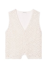 Gilet en dentelle écru, avec un décolleté en V, fermeture à boutons sur le devant et un motif floral complexe. Tissu doux et texturé sans manches.