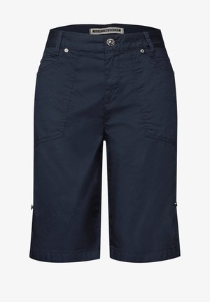 Marineblaue Shorts aus leichtem Stoff, mit einem Reißverschluss vorn, zwei schrägen Fronttaschen und verstellbaren Säumen für eine anpassbare Länge.