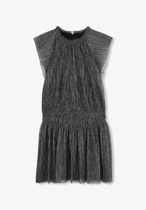 Robe noire métallique avec un corsage froncé, des manches papillon et une jupe plissée. Présente des rayures verticales scintillantes et une taille élastique.