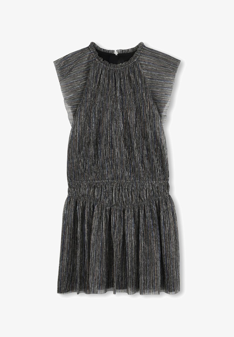 Robe noire métallique avec un corsage froncé, des manches papillon et une jupe plissée. Présente des rayures verticales scintillantes et une taille élastique.