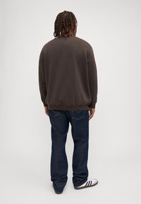 Brązowa bluza z okrągłym dekoltem, ściągaczami na mankietach i u dołu, zestawiona z ciemnoniebieskimi dżinsami oraz białymi trampkami z czarnymi paskami.