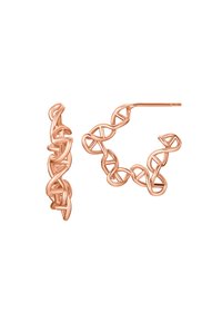 Ohrringe in Roségold mit einem filigranen, verdrehten Design und miteinander verbundenen Schlaufen. Glatte Textur, leichtes Material.