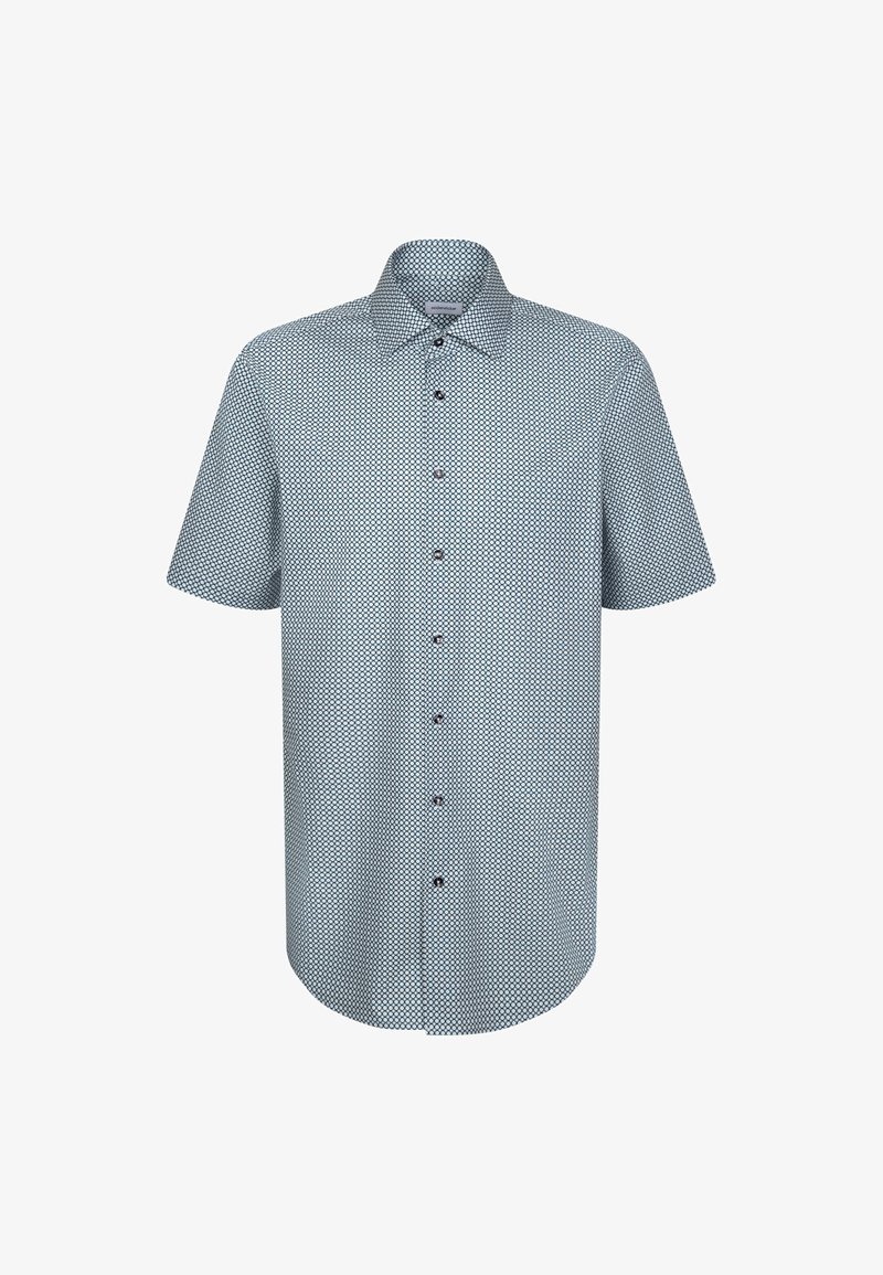 Chemise à manches courtes bleu clair avec boutons, ornée d'un motif répétitif de petits cercles foncés et d'un col classique.
