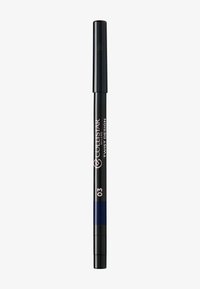 Crayon eyeliner twist noir avec finition brillante. Présente une bande accentuée bleu foncé et du texte imprimé en blanc et rose.