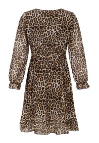 Kleid mit Leopardenmuster, langen Puffärmeln, Rüschensäumen, elastischem Taillenbund und schwingendem Rock. Hergestellt aus leichtem, durchscheinendem Stoff.