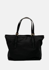 Borsa a tracolla nera in nylon con due manici in pelle nera, accessori in oro e forma strutturata, senza modelli visibili.