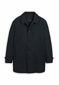 Navy blue takki, jossa on napitus edessä, kaksi sivutaskua, terävä kaulus ja säädettävät hihansuut. Silkinne suosimutkatekstuuri.