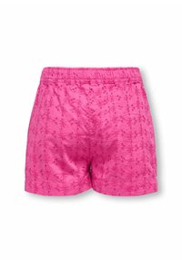 Roze geborduurde shorts met een elastische tailleband. Heeft een bloemenpatroon over de hele stof, gemaakt van lichtgewicht materiaal en een ontspannen pasvorm.