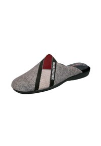 Zapato gris de tela tipo slip-on con una banda de rayas multicolores y un acento negro, además de una suela blanda negra. El diseño incluye el texto "JEANS D'ALVA VERDE."