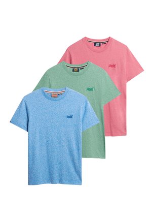 Three crew-neck t-shirts in blue, green, and pink melange fabrics, each featuring a small embroidered logo on the chest.