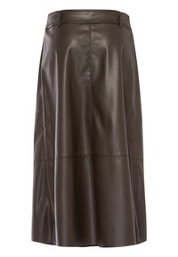 Brauner Lederrrock mit ausgestellter Silhouette, der eine glatte Textur, abgesteppten Nähte und einen Taillenbund für eine strukturierte Passform aufweist.