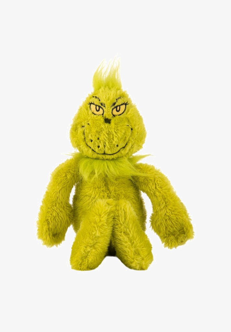 Green plush toy with a smiling face, large eyes, and spiky hair. Features long limbs and a fluffy body with textured fabric.