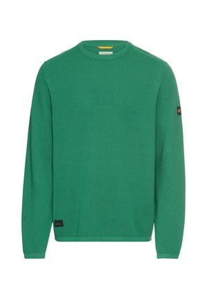 Grüner Langarmpullover aus strukturiertem Strick mit Rundhalsausschnitt. Verfügt über ein Etikett am unteren Saum und Kontrastnähte an den Schultern.