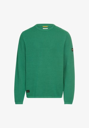 Grøn langærmet sweater i struktureret strik med rund halsudskæring. Har et mærke på den nederste kant og kontrastsying på skuldrene.