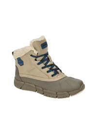 Beige Knöchelboots mit einem Kragen aus Kunstfell, blauen Schnürsenkeln, Gummisohlen und einer strukturierten Oberfläche. Mit Branding an der Seite.