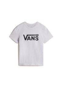 Hvid bomulds T-shirt med korte ærmer og rund hals. Har et fremtrædende sort Vans-logo trykt på forsiden. Glat tekstur.