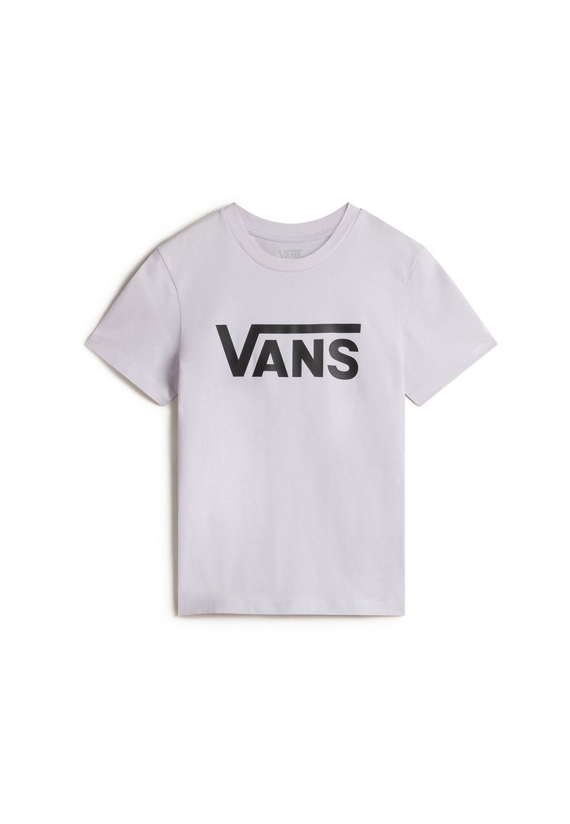 Hvid bomulds T-shirt med korte ærmer og rund hals. Har et fremtrædende sort Vans-logo trykt på forsiden. Glat tekstur.