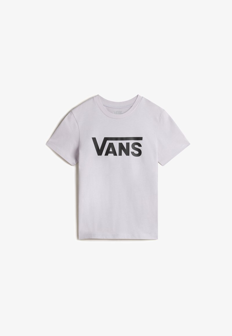 Hvid bomulds T-shirt med korte ærmer og rund hals. Har et fremtrædende sort Vans-logo trykt på forsiden. Glat tekstur.