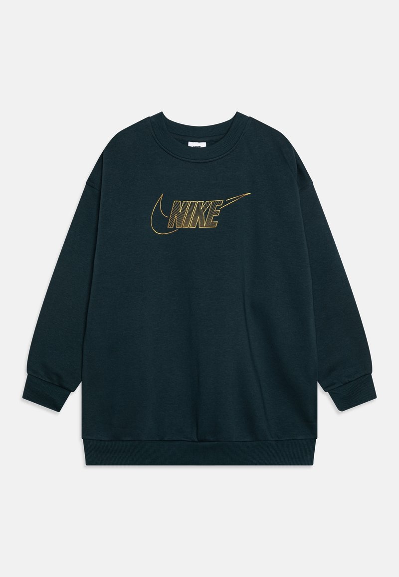 Dunkelgrüner Sweatshirt aus weichem Stoff, mit langen Ärmeln und Rundhalsausschnitt. Goldenes Nike-Logo prominent auf der Vorderseite platziert.