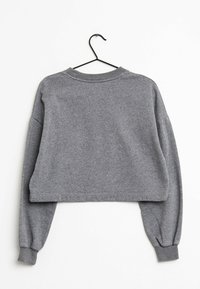 Grijze cropped sweatshirt met een ronde hals, lange mouwen en geribbelde manchetten. De stof lijkt zacht met een gladde textuur en minimale details.