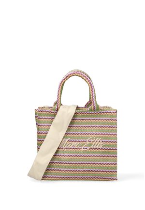 Sac cabas tissé multicolore avec des motifs en zigzag, double poignée et bandoulière beige drapée sur le devant.