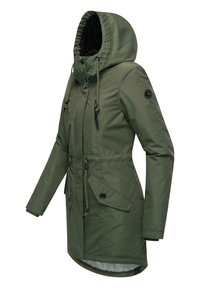 Green waterproof parka with a fur-lined hood, adjustable drawstrings, dual chest pockets, and a curved hem. Made of durable synthetic material.