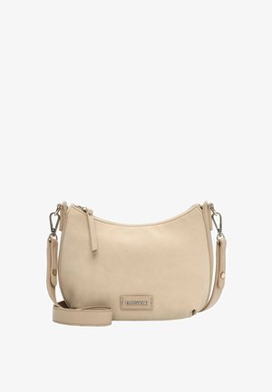 Beige skuldertaske i læder med sølvlynlås, justerbar rem og lille rektangulær mærkelabel "EMILY & NOAH" på forsiden.