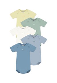 Πέντε κορμάκια με κοντό μανίκι σε παστέλ αποχρώσεις: κίτρινο, άσπρο, πράσινο, μπλε και ανοιχτό μπλε, κατασκευασμένα από απαλό ύφασμα με στρογγυλές λαιμόκοψης και κουμπιά.