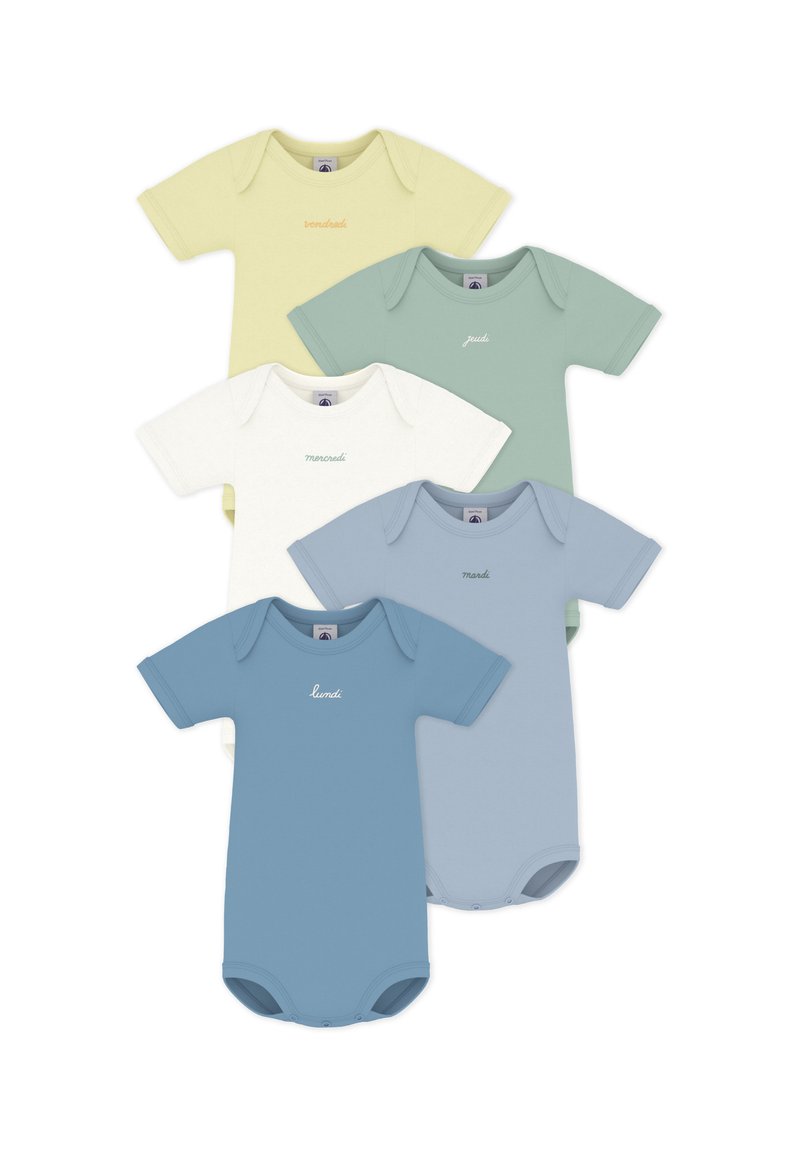 Πέντε κορμάκια με κοντό μανίκι σε παστέλ αποχρώσεις: κίτρινο, άσπρο, πράσινο, μπλε και ανοιχτό μπλε, κατασκευασμένα από απαλό ύφασμα με στρογγυλές λαιμόκοψης και κουμπιά.