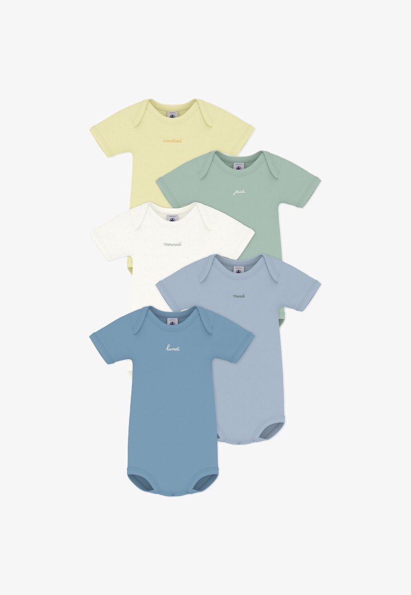 Πέντε κορμάκια με κοντό μανίκι σε παστέλ αποχρώσεις: κίτρινο, άσπρο, πράσινο, μπλε και ανοιχτό μπλε, κατασκευασμένα από απαλό ύφασμα με στρογγυλές λαιμόκοψης και κουμπιά.