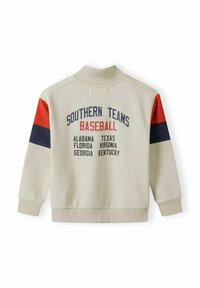Felpa color crema con colletto e polsini a coste, maniche a righe rosse e blu navy. La stampa include "Southern Teams Baseball" e i nomi degli stati.