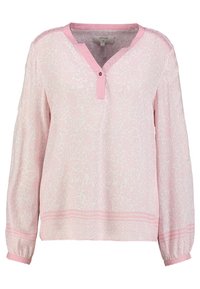 Blusa rosa chiaro con maniche lunghe a sbuffo, caratterizzata da un motivo floreale, scollatura a V e dettagli con bottoni al colletto e ai polsini.
