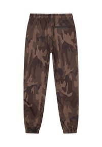 Pantalon à motif camouflage marron et vert foncé avec taille élastique et poignets aux chevilles, montré de dos avec une poche zippée.