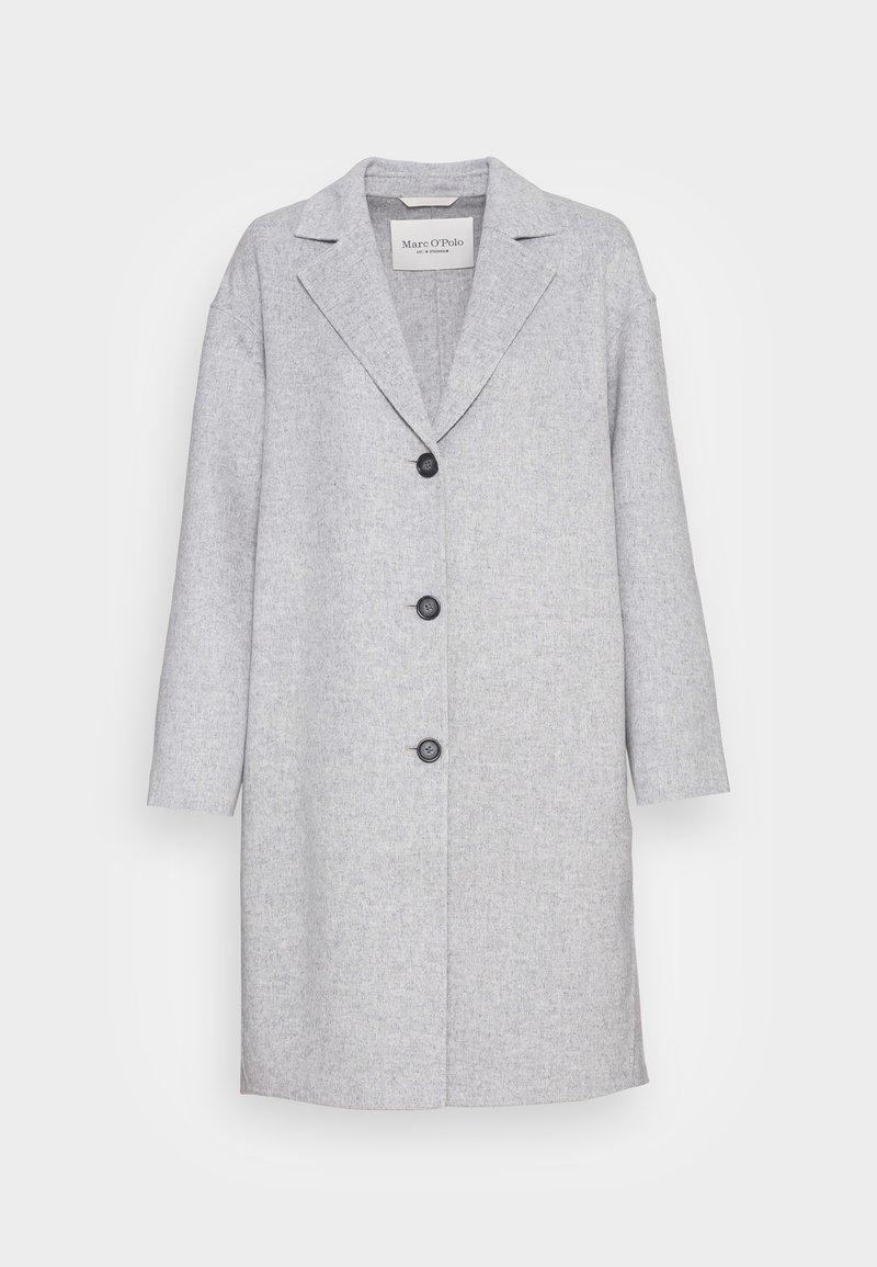 Cappotto in lana grigio chiaro con collo a risvolto, quattro bottoni neri, maniche lunghe e taglio dritto, caratterizzato da un motivo di tessuto testurizzato.