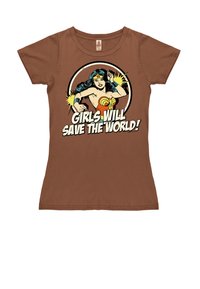 Brown cotton t-shirt featuring a graphic of a superheroine with the text "GIRLS WILL SAVE THE WORLD!" in bold, white lettering.