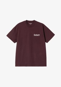 Camiseta de algodón color burdeos, de manga corta y cuello redondo. Presenta un pequeño logo blanco de "Carhartt" en el lado izquierdo del pecho.
