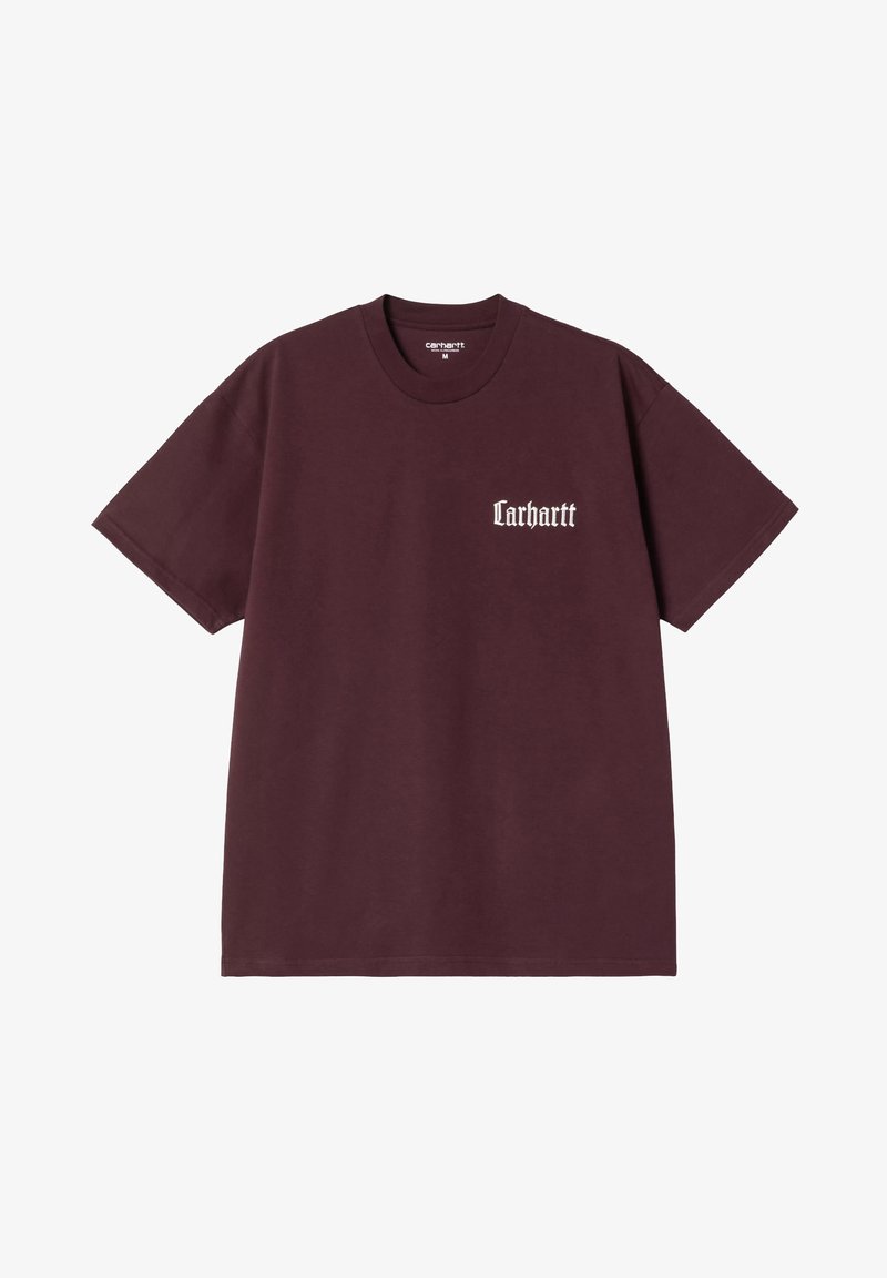 T-shirt in cotone bordeaux con maniche corte e collo a giro. Presenta un piccolo logo bianco "Carhartt" sul lato sinistro del petto.