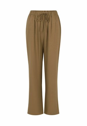 Brown, loose-fitting trousers with an elastic waistband and drawstring closure, featuring a smooth texture and straight-leg design.