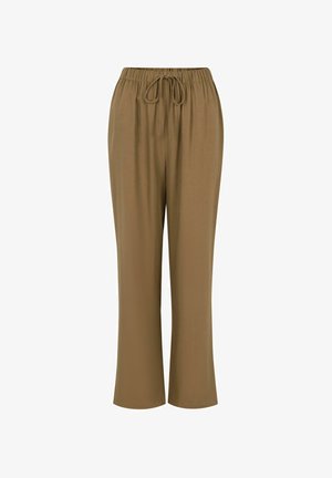 Brown, loose-fitting trousers with an elastic waistband and drawstring closure, featuring a smooth texture and straight-leg design.