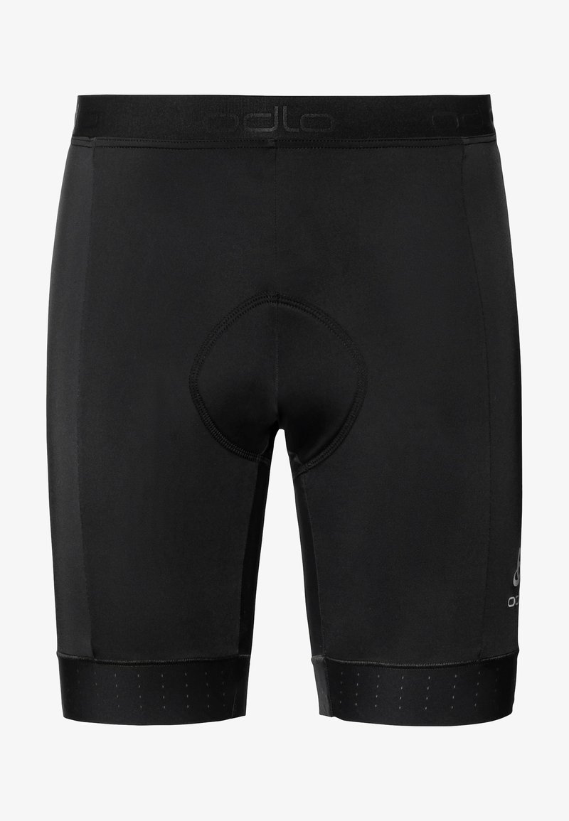 Calças de ciclismo pretas feitas de um tecido elástico, com um forro almofadado, cintura elástica com logótipo e um acabamento suave com detalhes de aderência discretos.