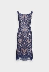Navy blue lace dress with intricate floral pattern, scoop neckline, and shoulder straps. Hem features scalloped edge detail.