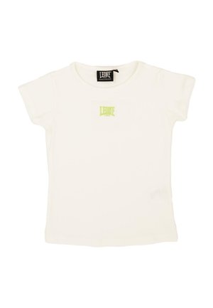 T-shirt blanc à manches courtes et à col rond, avec un petit logo Leone vert citron sur la poitrine, sur fond blanc.