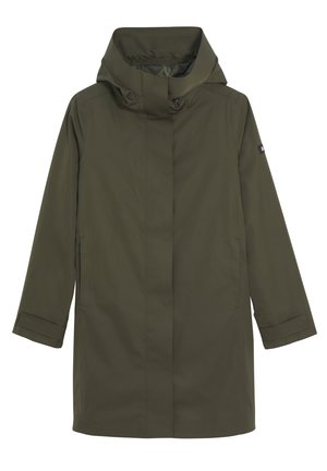 Imperméable vert olive, longueur genou, avec un col haut, de grands boutons et des poches latérales. Tissu lisse, résistant à l'eau, au design simple.